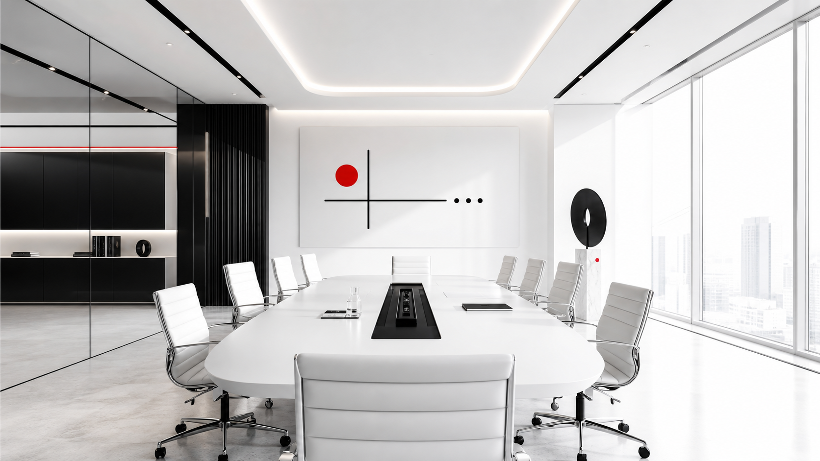Minimalist white boardroom reflecting strategic leadership